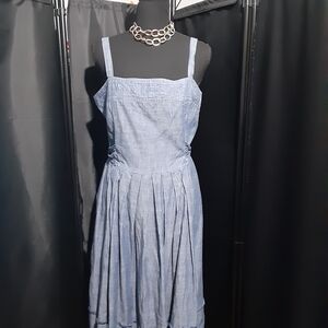 Talbots Chambray Denim Blue Midi Dress Fringe Flare Size 12 Boho